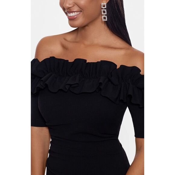 NEW $228 XSCAPE [ 16P PETITE  ] Ruffle Off Shoulder Cocktail Dress‎ Black - Picture 3 of 14